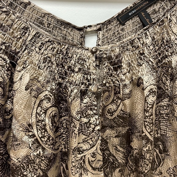 BCBG Max Azria Brown Beige L Baroque Print Long Sleeve Open Back Silk Blouse - Picture 6 of 12